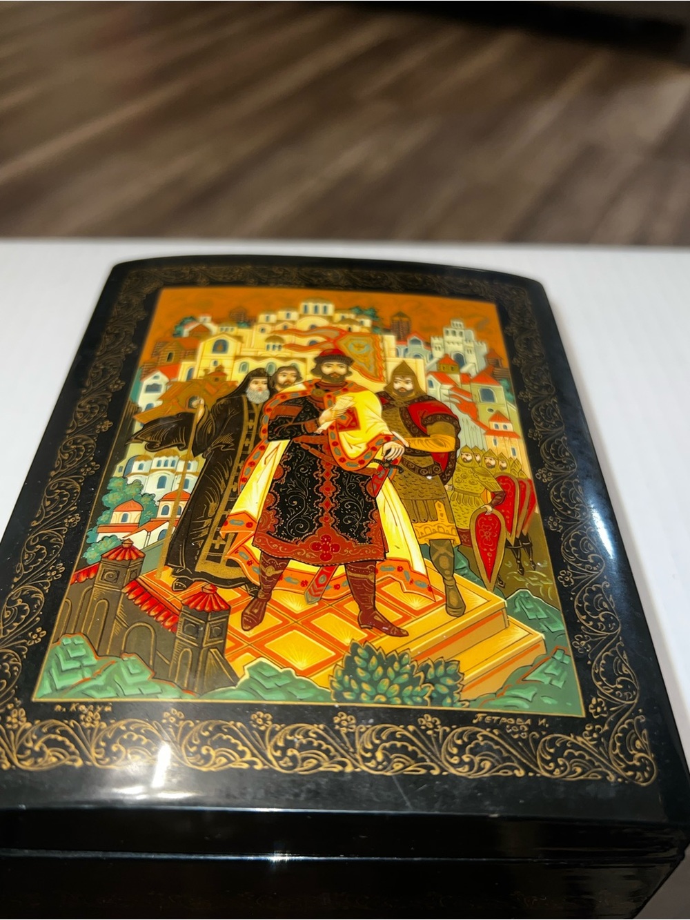Hand-Painted Russian Lacquer Art Panel in Black and Multicolor - Picture 2 of 5